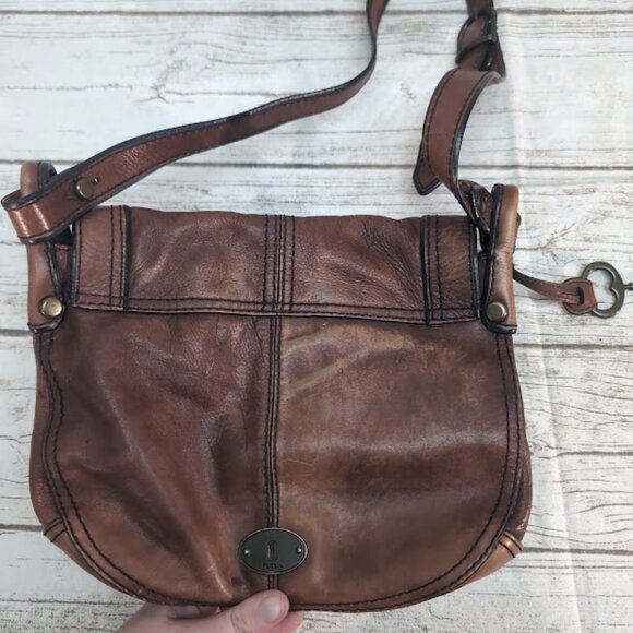 Authentic Fossil Leather Satchel Crossbody Saddle Bag Horseshoe Pattern VINTAGE - Picture 11 of 11